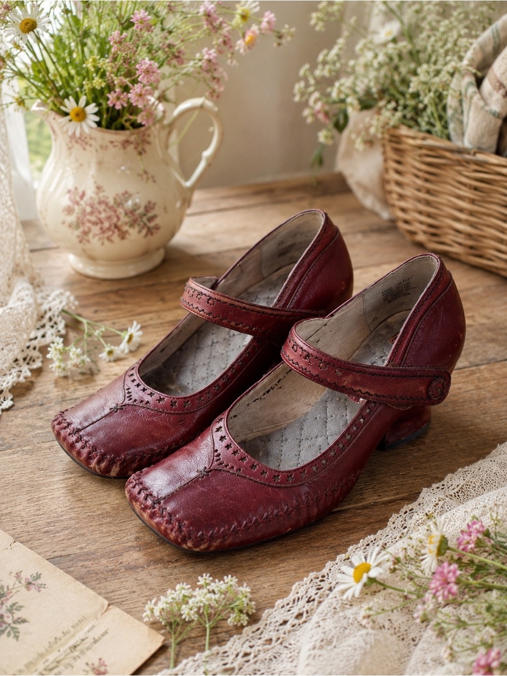 🧨SALE 4th OF JULY🧨 Indigo by Clarks Burgundy Leather Mary Jane Heels Cottagecore